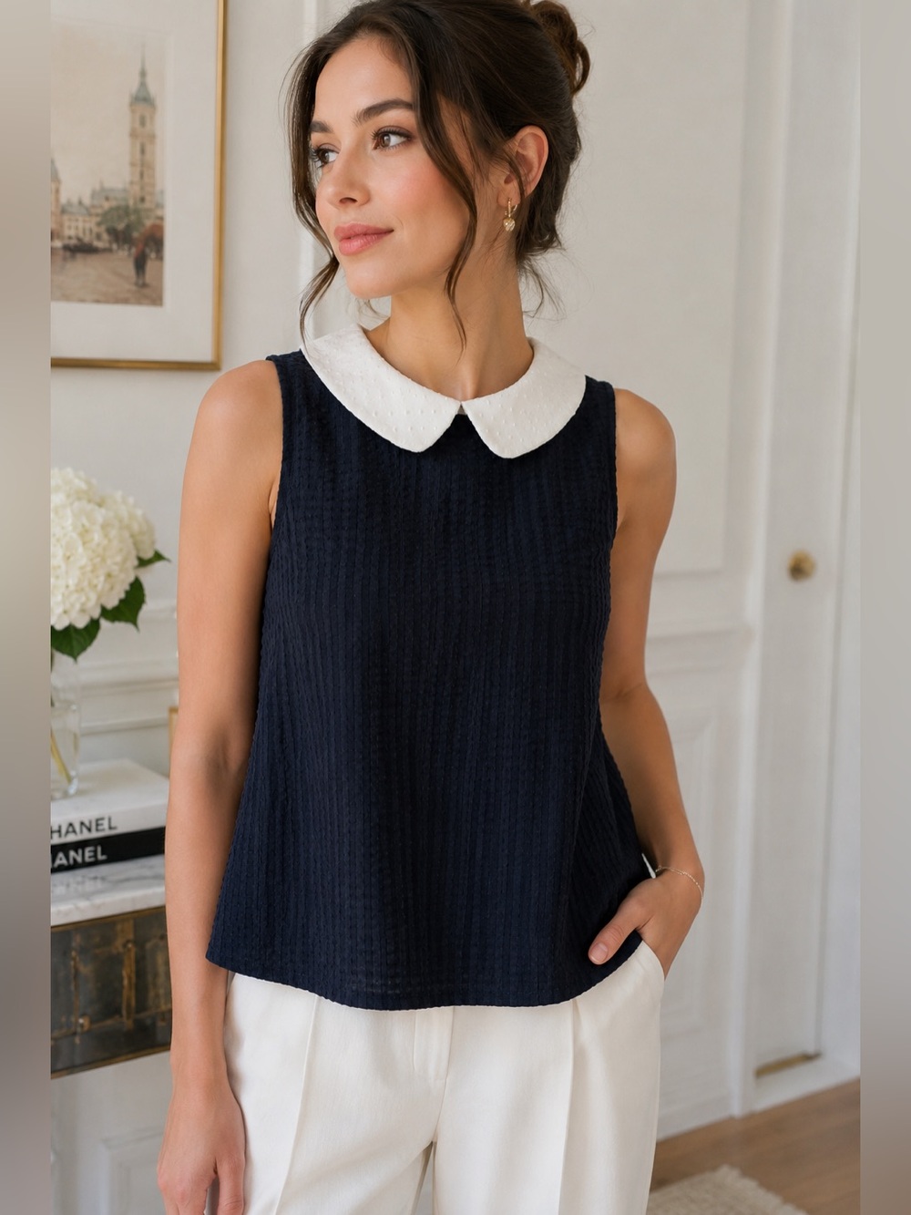 Navy Textured Peter Pan Collar Sleeveless Top | XS (17” ptp)